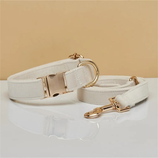 S Beige Luxury Velvet Pet Collar & Leash Set - Engravable Dog Collar with Gold Hardware