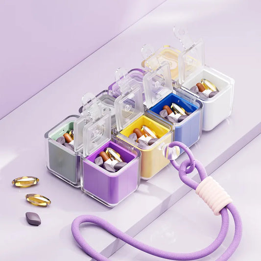 Multicolor 8-Grid Magic Cube Pill Box with Lanyard - Portable Weekly Sealed Tablet Organizer & Dispenser - Image 2