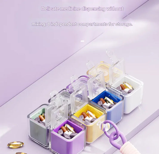 Purple 8-Grid Magic Cube Pill Box with Lanyard - Portable Weekly Sealed Tablet Organizer & Dispenser - Image 4