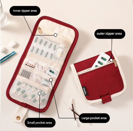 Red Travel Medicine Pouch & Cosmetic Organizer - Large Capacity, High-End Storage Bag, Toiletry Bag 13x13x3cm - Image 2