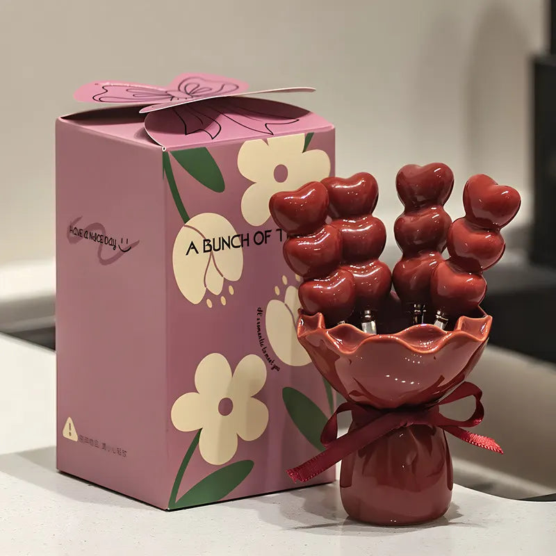 Red Cute Dessert & Fruit Forks with Ceramic Storage Jar - High-Value Creative Tableware Set