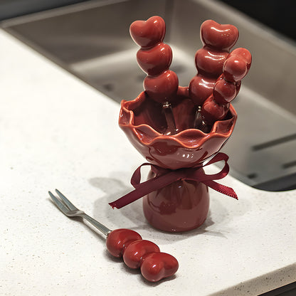 Red Cute Dessert & Fruit Forks with Ceramic Storage Jar - High-Value Creative Tableware Set - Image 2