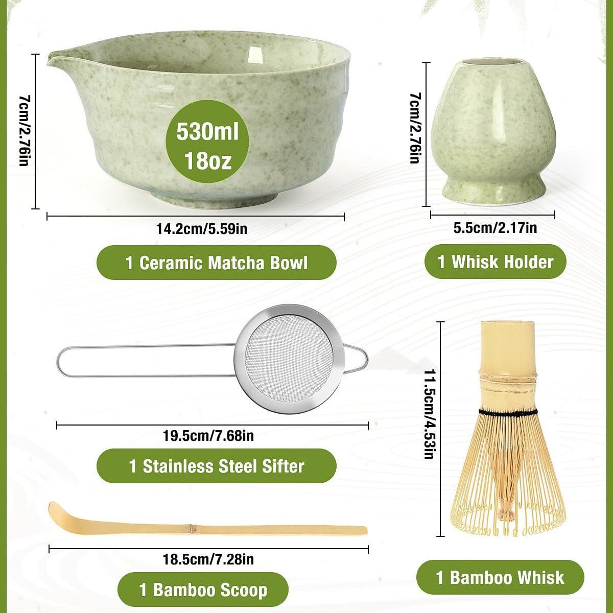 5-Piece Ceramic Matcha Tool Set - Spouted Bowl, Whisk, Holder, Sifter & Scoop for Japanese Matcha Tea Ceremony - Image 2
