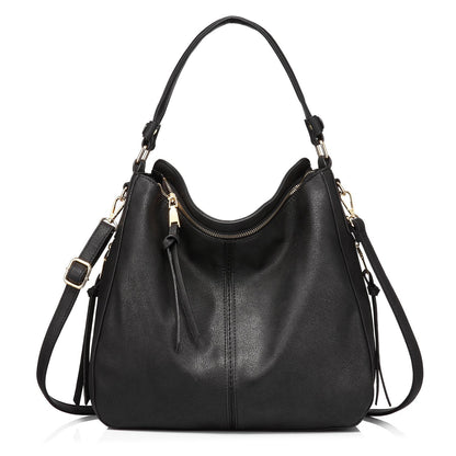 Black Foreign Trade Fashion Large Capacity Handbag - European & American Casual Crossbody Bag, Solid Color Zipper Women's Shoulder Bag