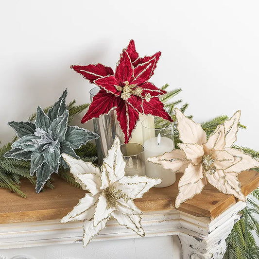 Dazzling 4-Piece 26cm Christmas Poinsettia Flower Set - Red & Gold Glitter Velvet Artificial Flowers for Christmas Tree Decoration & Sprigs