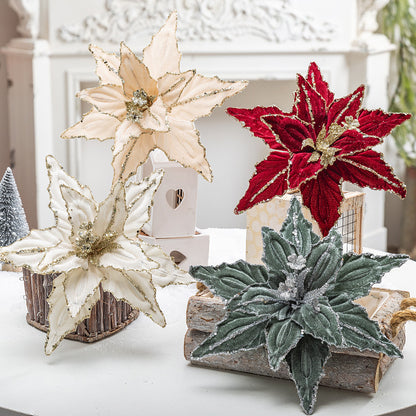 Dazzling 4-Piece 26cm Christmas Poinsettia Flower Set - Red & Gold Glitter Velvet Artificial Flowers for Christmas Tree Decoration & Sprigs - Image 2