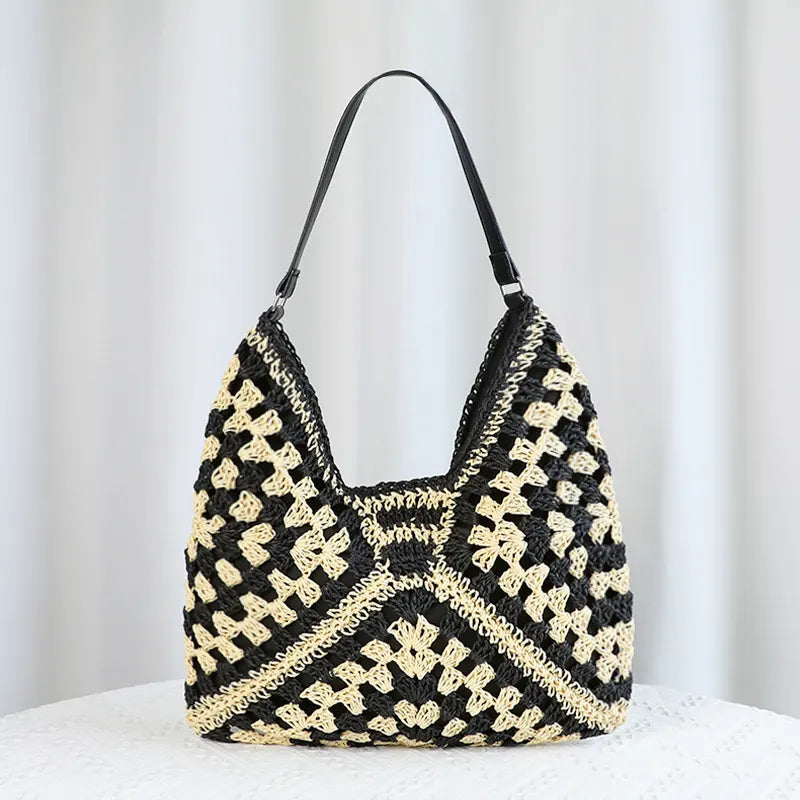 Black Stylish Woven Shoulder Bag - Fashionable Versatile Handbag & Crossbody Straw Beach Tote (39x27x39 cm)