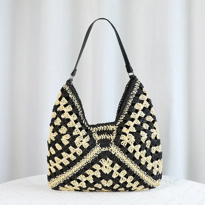 Black Stylish Woven Shoulder Bag - Fashionable Versatile Handbag & Crossbody Straw Beach Tote (39x27x39 cm)