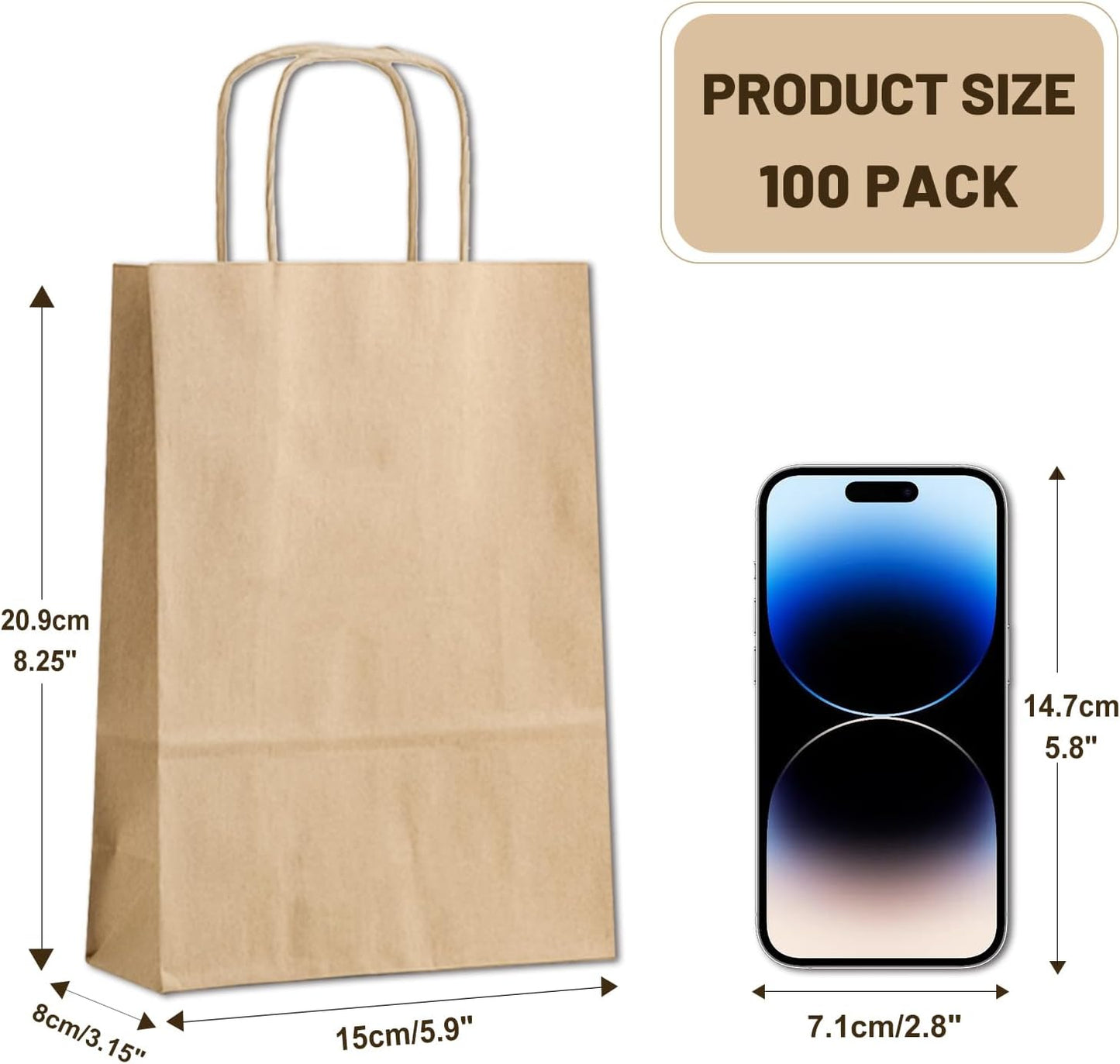Gift Bags 8.25"X5.9 "X3.15" 100pcs Brown Kraft Paper Bag with Handles for Small Business Christmas Bulk, Wedding, Party Favor, Shopping, Lunch, Halloween Trick-or-Treat Bags - Image 2