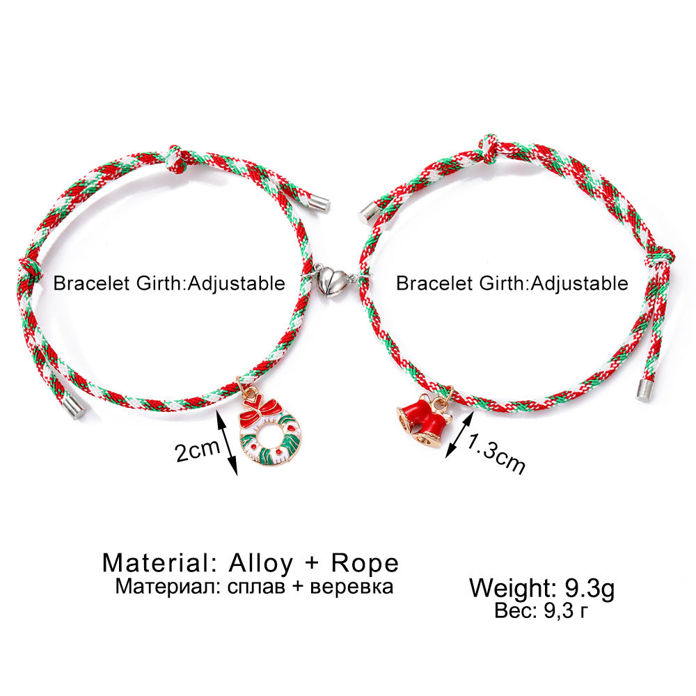 3 Pairs Cute Couple Bracelets - Magnetic Christmas & New Year Friendship Rope Bracelets with Charms (Adjustable, 9.3g) - Image 2
