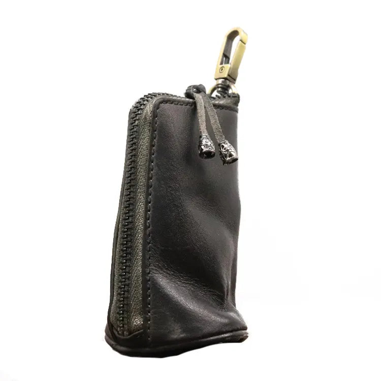 Black Vintage Top-Grain Cowhide Key Pouch - Men's Large Capacity Waist-Mounted Retro Key Holder (11x6x6 cm)