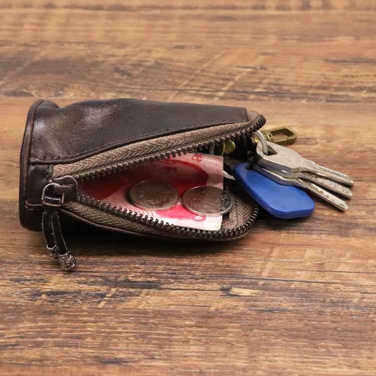 Brown Vintage Top-Grain Cowhide Key Pouch - Men's Large Capacity Waist-Mounted Retro Key Holder (11x6x6 cm) - Image 3