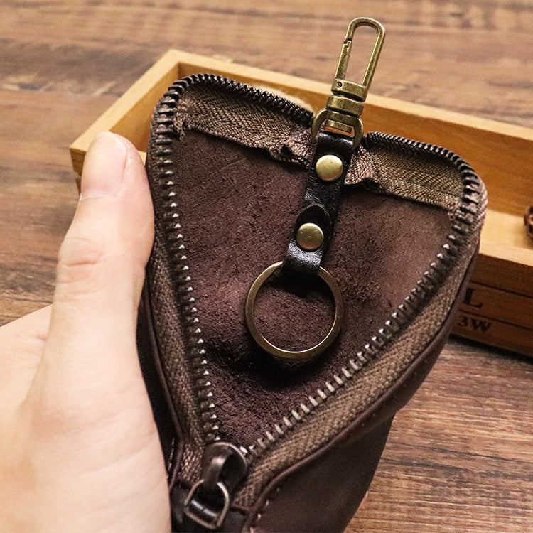 Brown Vintage Top-Grain Cowhide Key Pouch - Men's Large Capacity Waist-Mounted Retro Key Holder (11x6x6 cm) - Image 4