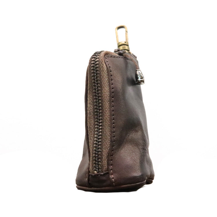 Coffee Vintage Top-Grain Cowhide Key Pouch - Men's Large Capacity Waist-Mounted Retro Key Holder (11x6x6 cm)