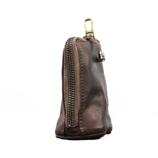 Coffee Vintage Top-Grain Cowhide Key Pouch - Men's Large Capacity Waist-Mounted Retro Key Holder (11x6x6 cm)