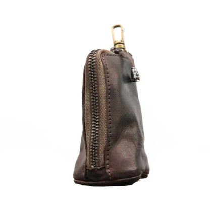 Coffee Vintage Top-Grain Cowhide Key Pouch - Men's Large Capacity Waist-Mounted Retro Key Holder (11x6x6 cm)