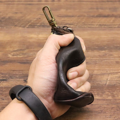 Coffee Vintage Top-Grain Cowhide Key Pouch - Men's Large Capacity Waist-Mounted Retro Key Holder (11x6x6 cm) - Image 2