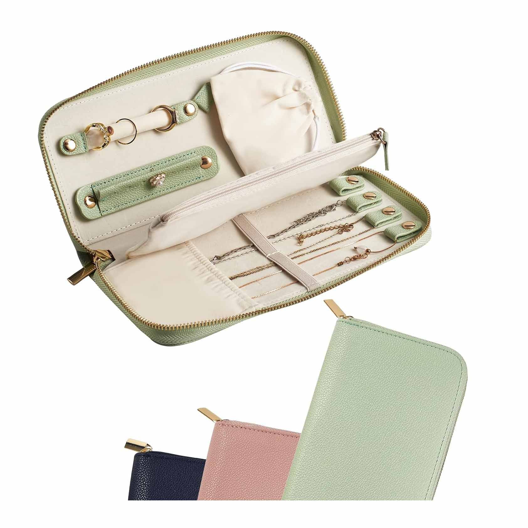 Green Portable Travel Jewelry Organizer - Anti-Tangle Storage for Necklaces, Earrings, Rings & Bracelets (24.9x11.4 cm)