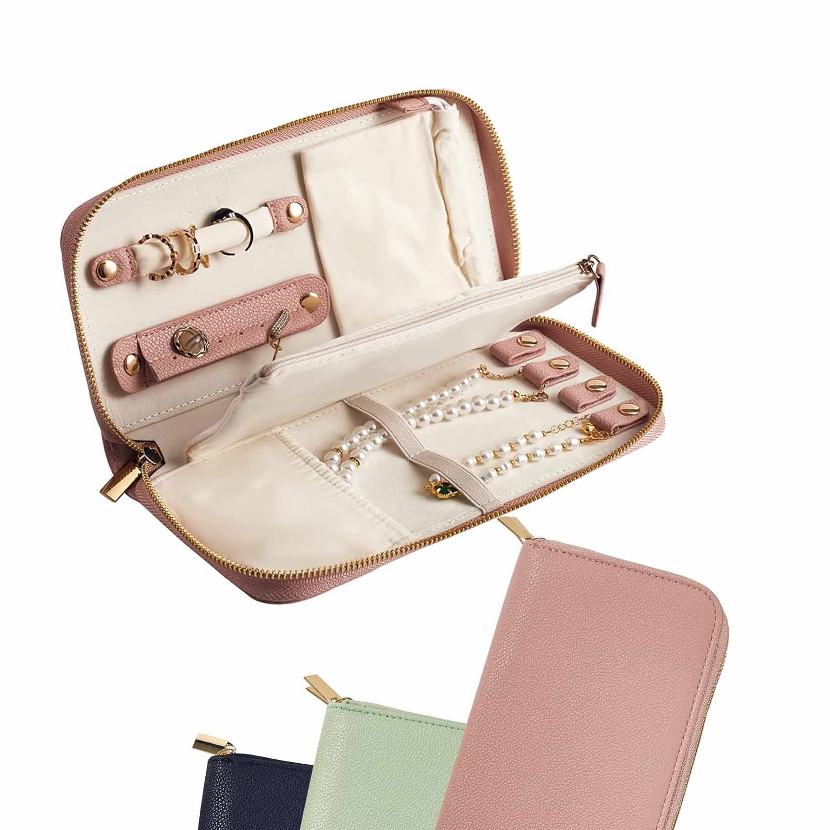 Pink Portable Travel Jewelry Organizer - Anti-Tangle Storage for Necklaces, Earrings, Rings & Bracelets (24.9x11.4 cm)