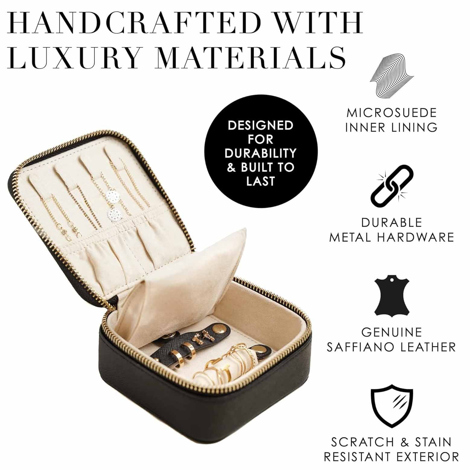 Black "Small But Mighty" Leather Jewelry Box - Portable Organizer for Earrings, Necklaces, Rings & More (4x4x2 inches) - Image 2