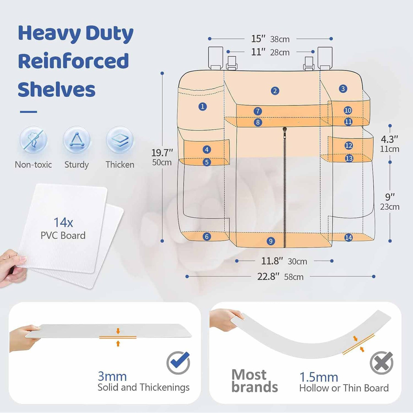 Light Grey Nursery Storage Organizer - Heavy Duty Reinforced Hanging Diaper Caddy for Crib or Wall (58x30x50 cm) - Image 2
