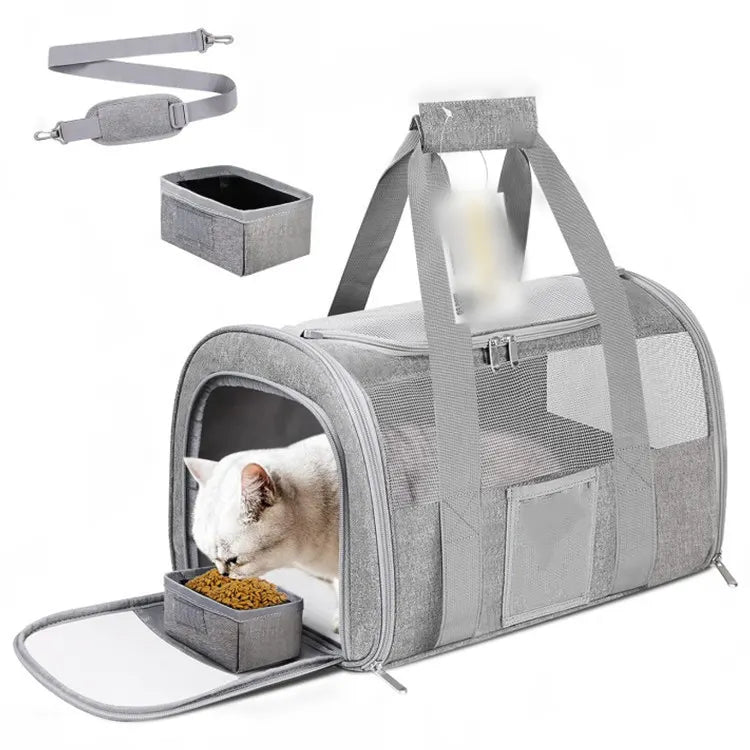 Grey Large Cat & Small Dog Carrier - Soft-Sided, Foldable & Breathable Pet Travel Bag (43x30x28 cm)
