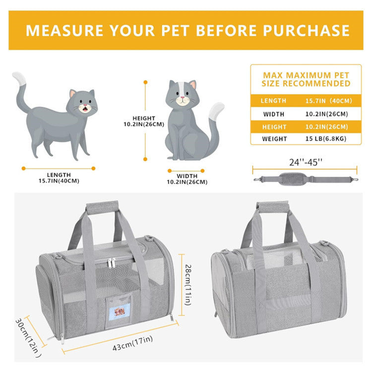 Grey Large Cat & Small Dog Carrier - Soft-Sided, Foldable & Breathable Pet Travel Bag (43x30x28 cm) - Image 5