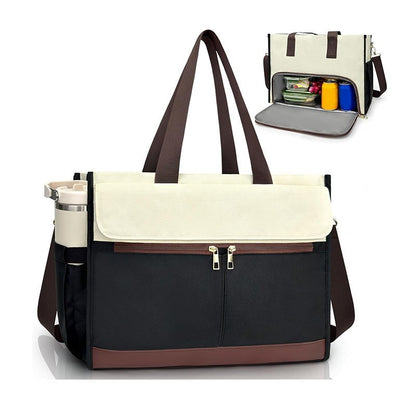 Black-brown Large Capacity Insulated Lunch Tote Bag with Shoulder Strap Leakproof Cooler Handbag Multi-Pocket Work Organizer for Office and Picnics