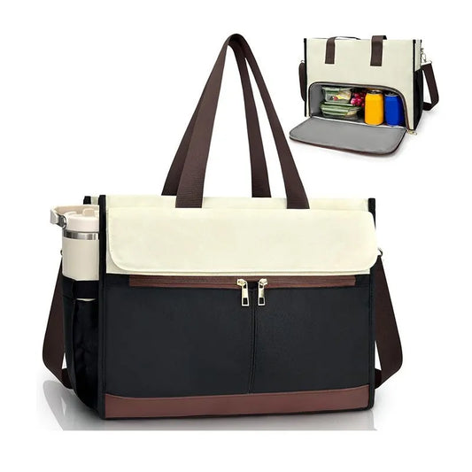 Black-brown Large Capacity Insulated Lunch Tote Bag with Shoulder Strap Leakproof Cooler Handbag Multi-Pocket Work Organizer for Office and Picnics