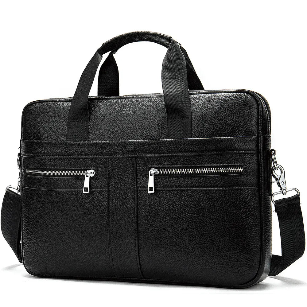 Black Men's Vintage Genuine Leather Briefcase 14 Inch Laptop Messenger Bag Business Shoulder Satchel with Dual Front Pockets Ideal for Office Work