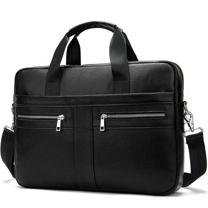 Black Men's Vintage Genuine Leather Briefcase 14 Inch Laptop Messenger Bag Business Shoulder Satchel with Dual Front Pockets Ideal for Office Work