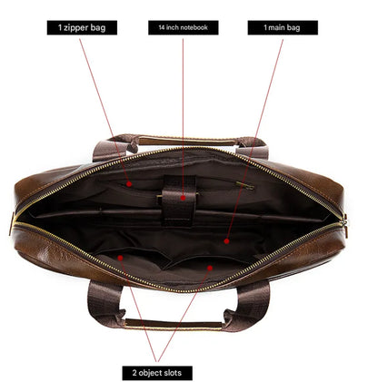 Black Men's Vintage Genuine Leather Briefcase 14 Inch Laptop Messenger Bag Business Shoulder Satchel with Dual Front Pockets Ideal for Office Work - Image 3
