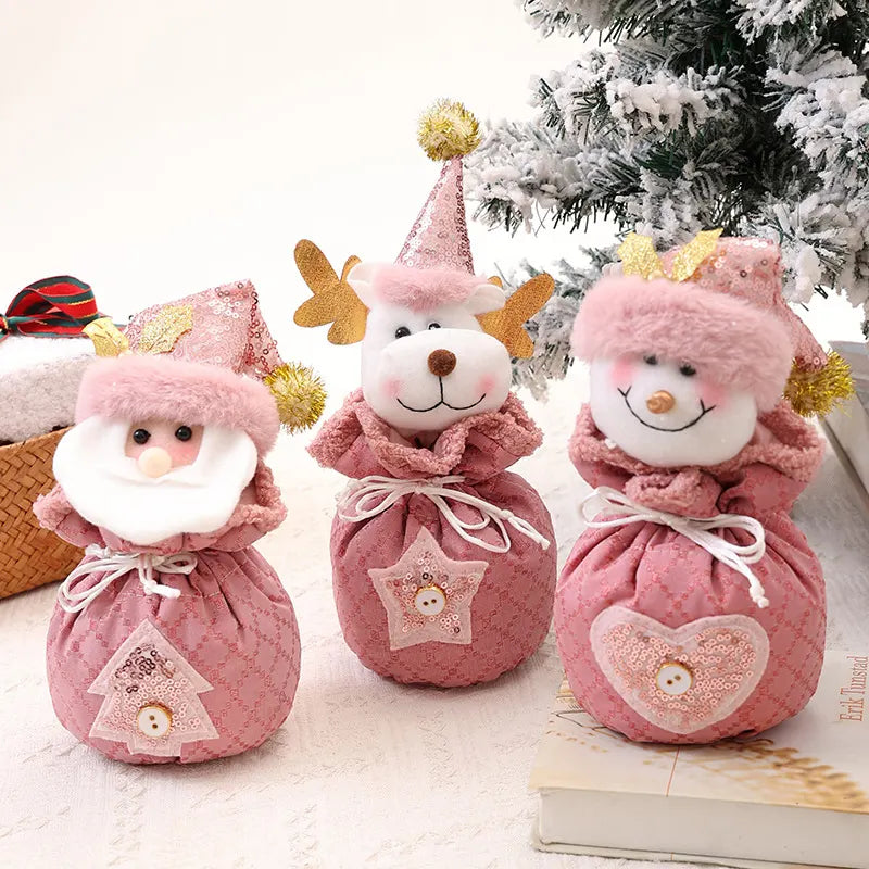 3 Pack Pink Christmas Drawstring Gift Bags Plush 3D Santa Snowman Reindeer Candy Pouches for Holiday Favours