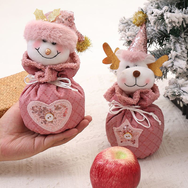 3 Pack Pink Christmas Drawstring Gift Bags Plush 3D Santa Snowman Reindeer Candy Pouches for Holiday Favours - Image 2