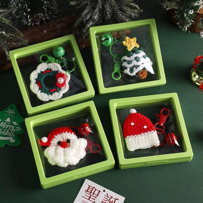 Handmade Christmas Crochet Keychain Knitted Yarn Keyring with Floating Display Case Festive Bag Charm Ideal for Kris Kringle and Stocking Stuffers