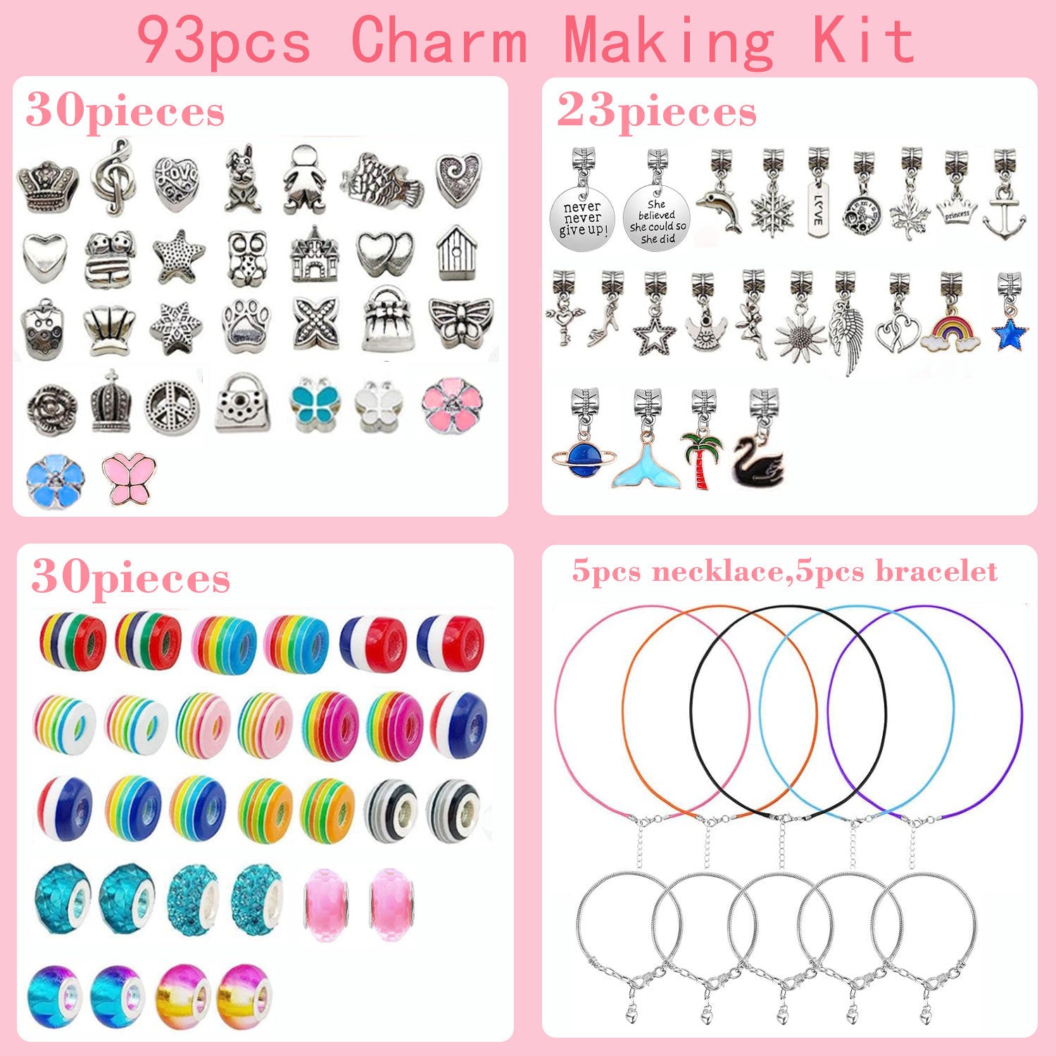 93 Piece DIY Charm Bracelet and Necklace Making Kit for Girls Creative Jewelry Craft Set with Rainbow Beads and Silver Pendants Ideal Kids Gift - Image 2