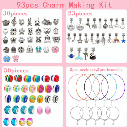 93 Piece DIY Charm Bracelet and Necklace Making Kit for Girls Creative Jewelry Craft Set with Rainbow Beads and Silver Pendants Ideal Kids Gift - Image 2