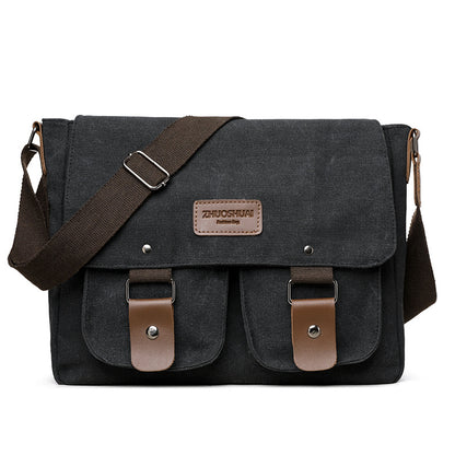 Black Vintage Canvas Messenger Bag Men Crossbody Satchel Durable Shoulder Bag for Work and Travel Multi Pocket Casual Daypack