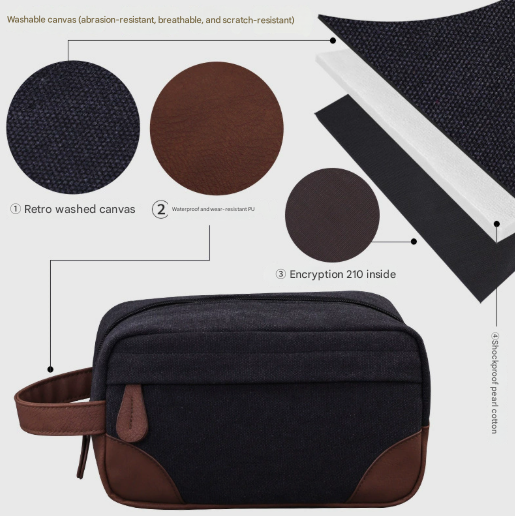 Black Men's Vintage Canvas Toiletry Bag PU Leather Accent Travel Wash Pouch Large Capacity Shaving Kit Organiser - Image 2