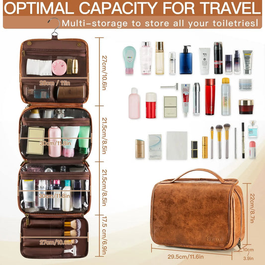 Brown Large Hanging Toiletry Bag Waterproof Leather Travel Organiser 4 Compartment Cosmetic Case with Swivel Hook Ideal for Holidays - Image 3