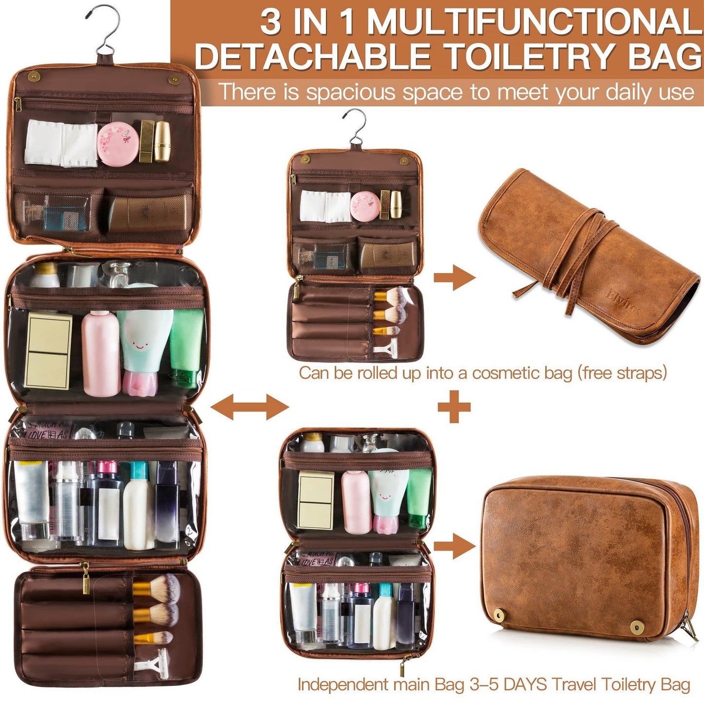 Black Large Hanging Toiletry Bag Waterproof Leather Travel Organiser 4 Compartment Cosmetic Case with Swivel Hook Ideal for Holidays - Image 2