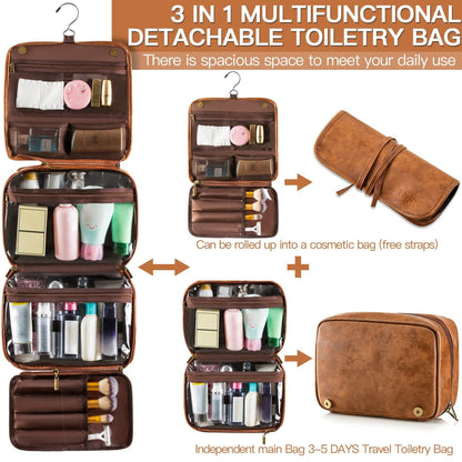 Black Large Hanging Toiletry Bag Waterproof Leather Travel Organiser 4 Compartment Cosmetic Case with Swivel Hook Ideal for Holidays - Image 2