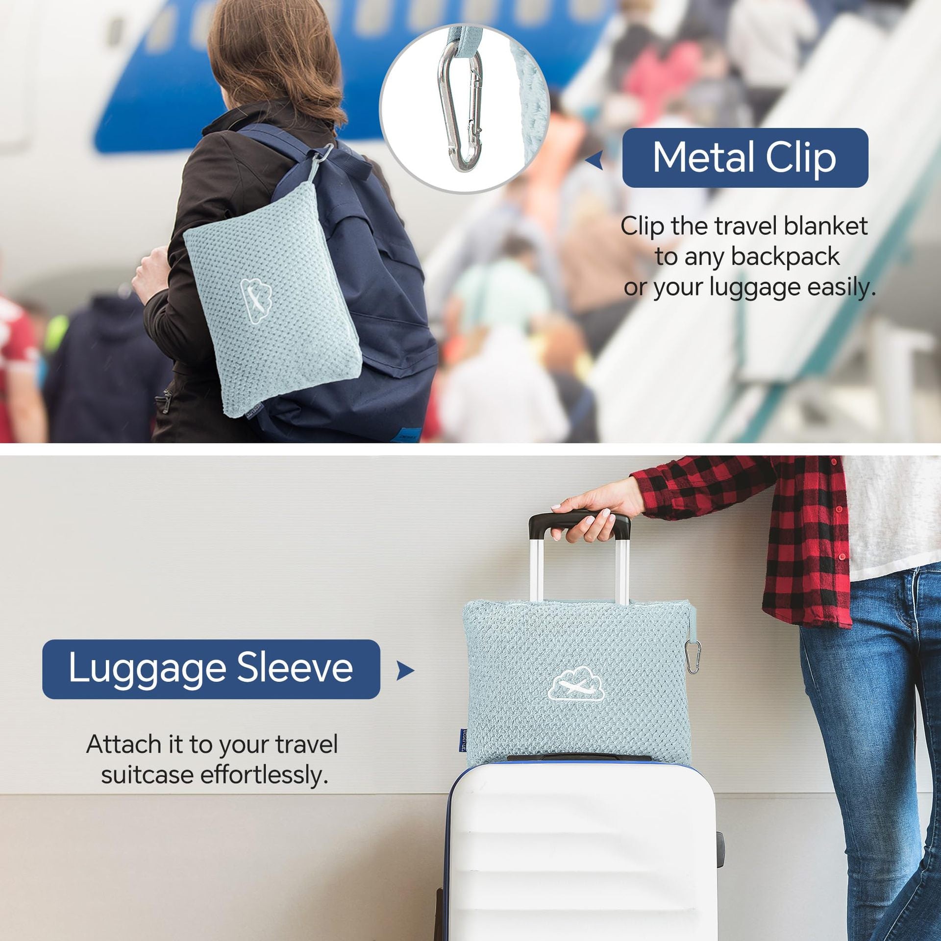 Black 2-in-1 Premium Travel Blanket and Pillow Soft Fleece Airplane Throw 165cm x 100cm Foldable Cushion with Luggage Clip Ideal for Flights and Road Trips - Image 3