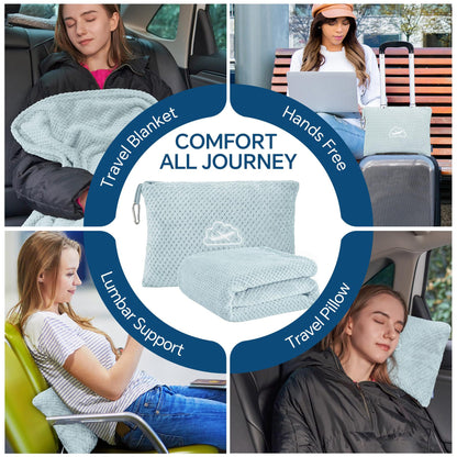 Light Blue 2-in-1 Premium Travel Blanket and Pillow Soft Fleece Airplane Throw 165cm x 100cm Foldable Cushion with Luggage Clip Ideal for Flights and Road Trips - Image 2