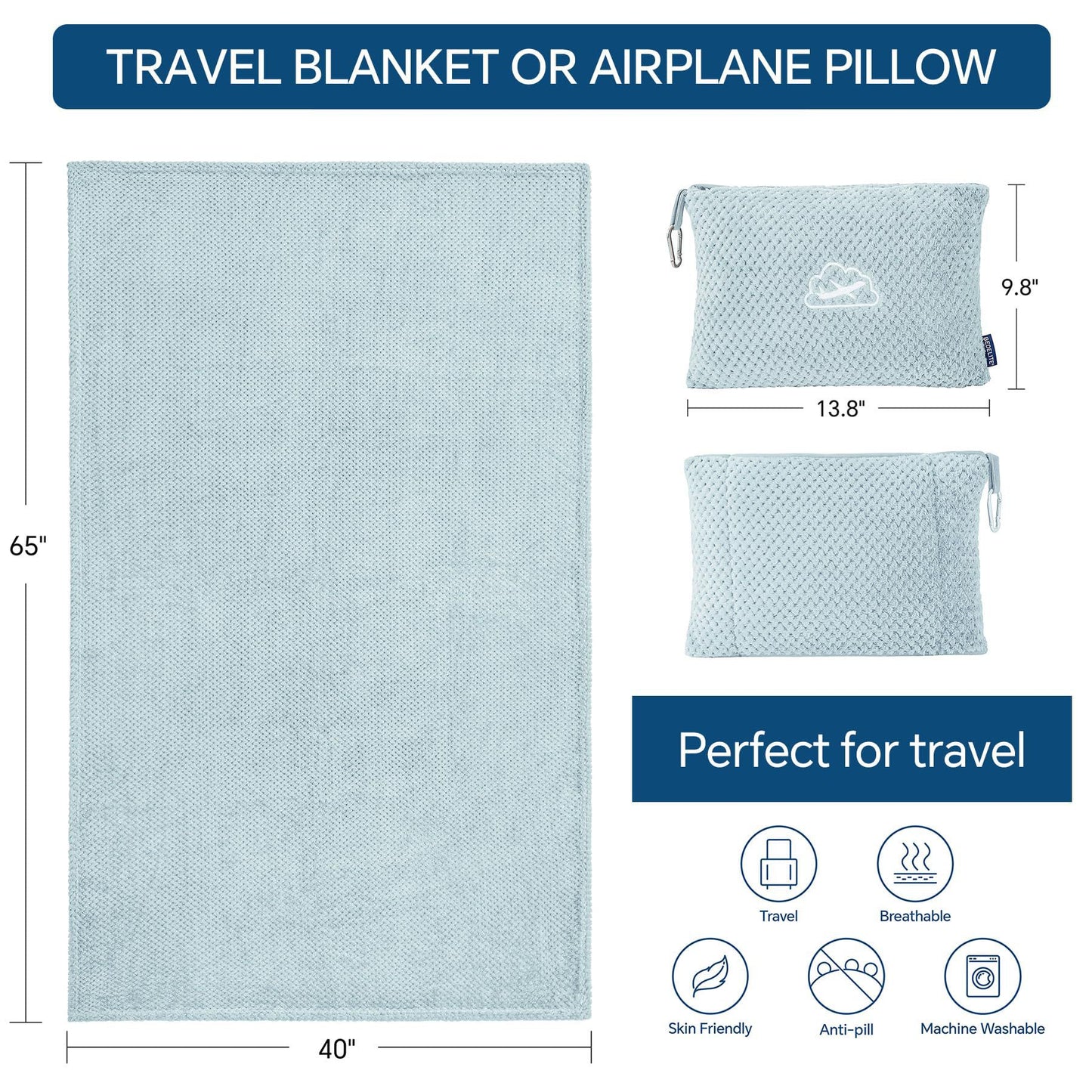 Grey 2-in-1 Premium Travel Blanket and Pillow Soft Fleece Airplane Throw 165cm x 100cm Foldable Cushion with Luggage Clip Ideal for Flights and Road Trips - Image 4