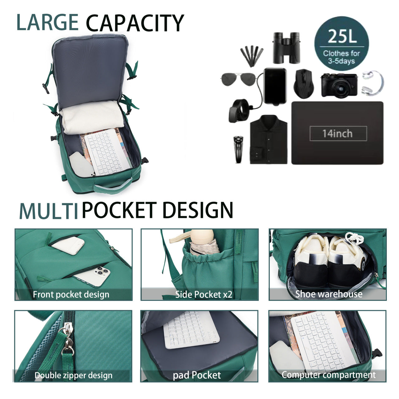 Grey 25L Travel Laptop Backpack with Shoe Compartment 180 Degree Opening Carry On Rucksack Fits 14 Inch Laptop Ideal for Business and Weekends - Image 5