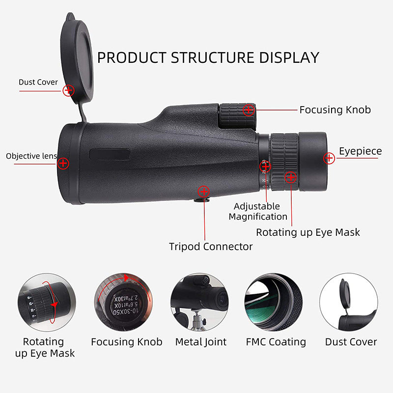 10-30X50 High Power Zoom Monocular Telescope Set with Smartphone Holder and Tripod Waterproof HD Spotting Scope for Bird Watching Camping and Concerts - Image 7
