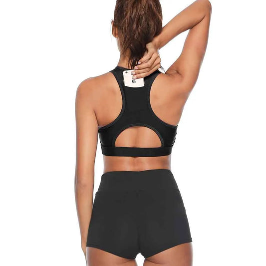 XL Black Women Sports Bra with Back Phone Pocket Racerback Yoga Crop Top Medium Support Activewear for Running Gym and Fitness