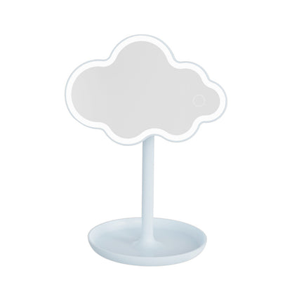 Blue Cute Cloud Shaped LED Makeup Mirror Desktop Vanity Light with Storage Tray 360 Rotation Cordless Cosmetic Beauty Tool