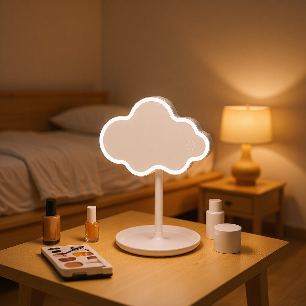 Blue Cute Cloud Shaped LED Makeup Mirror Desktop Vanity Light with Storage Tray 360 Rotation Cordless Cosmetic Beauty Tool - Image 2